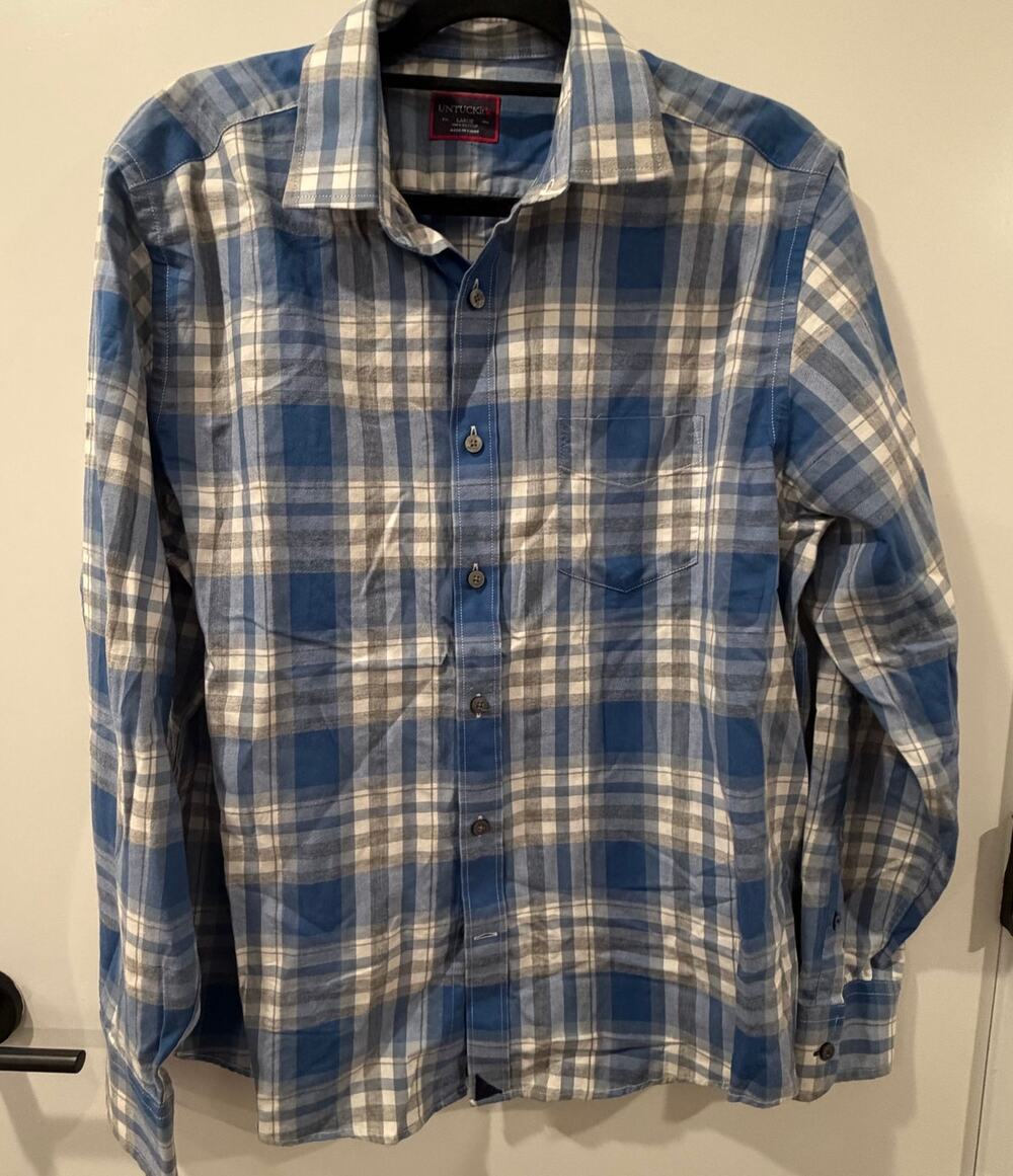 UNTUCKit 100% Cotton Mens Blue Plaid Button Down Long Sleeve Comfortable